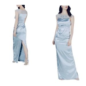 Adrianna Papell Vintage Inspired Side Pleated Blue Satin Gown Formal Maxi Dress